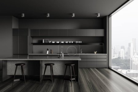 Photo for Dark home kitchen interior with bar island, cabinet and kitchenware. Cozy cooking space and hardwood floor, modern apartment with panoramic window on skyscrapers. 3D rendering - Royalty Free Image