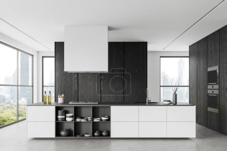 Photo for Luxury home kitchen interior bar island with sink and stove, black wooden shelf and kitchenware with dishes in dresser. Panoramic window on Bangkok skyscrapers. 3D rendering - Royalty Free Image