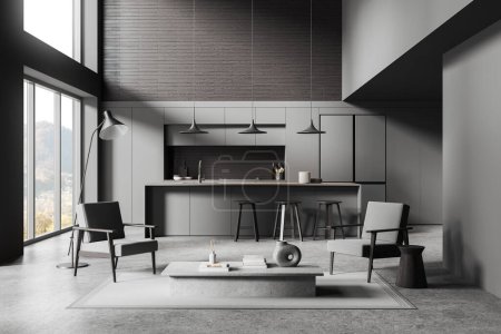 Téléchargez les photos : Dark home studio intérieur avec deux fauteuils et table basse, comptoir de bar avec chaises et armoire, tapis sur sol en béton gris. Fenêtre panoramique sur campagne. rendu 3D - en image libre de droit