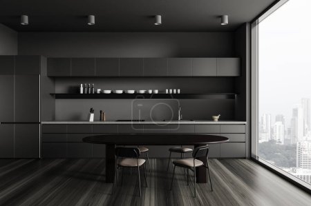 Foto de Interior de la cocina moderna con paredes grises, suelo de madera, armarios grises y armarios con cocina empotrada y fregadero y mesa de comedor ovalada con sillas. renderizado 3d - Imagen libre de derechos