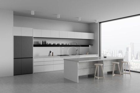 Photo for Corner of stylish kitchen with white walls, concrete floor, white cupboards and cabinets with built in cooker and sink and cozy white island with stools. 3d rendering - Royalty Free Image