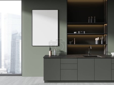 Photo for Dark home kitchen interior with cooking shelves on grey concrete floor. Stylish cooking zone with kitchenware and panoramic window on skyscrapers. Mock up canvas poster. 3D rendering - Royalty Free Image
