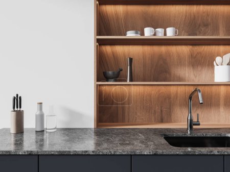 Téléchargez les photos : Intérieur moderne de cuisine de luxe avec comptoir en granit et lavabo, étagère avec ustensiles de cuisine et vaisselle. Espace de cuisson minimaliste confortable dans un appartement moderne. rendu 3D - en image libre de droit