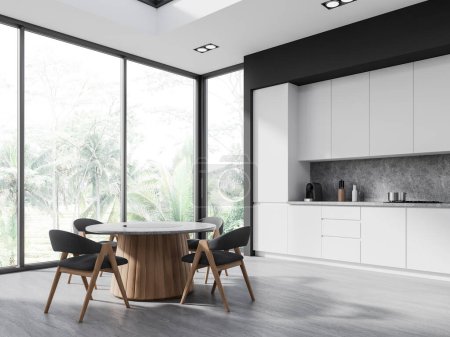 Foto de Interior de la elegante cocina con paredes grises, suelo de hormigón, armarios y armarios blancos y mesa de comedor redonda con sillas. renderizado 3d - Imagen libre de derechos