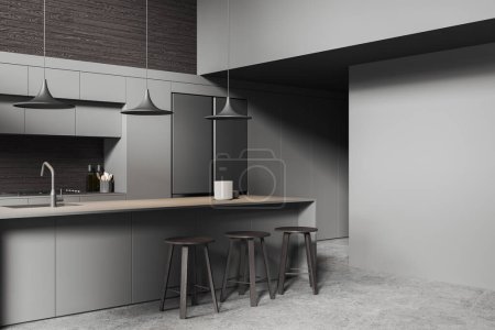 Photo for Dark home kitchen interior with bar island and stool, side view cabinet with kitchenware and dishes. Eating and cooking corner, fridge on grey concrete floor. 3D rendering - Royalty Free Image