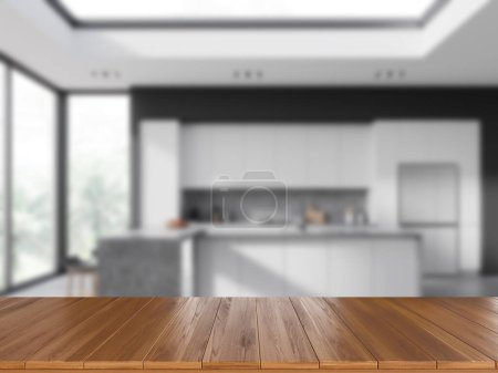 Photo for Wooden table on blurred background of home kitchen interior, bar counter, cabinet and panoramic window. Mock up copy space for product display. 3D rendering - Royalty Free Image