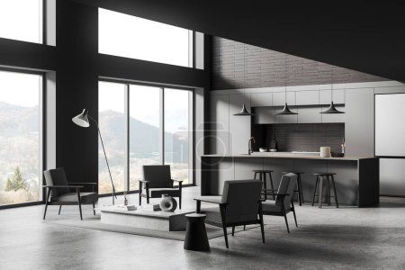 Photo for Dark home studio interior with four armchairs and coffee table, side view bar island with stool and cabinet, carpet on grey concrete floor. Panoramic window on countryside. 3D rendering - Royalty Free Image