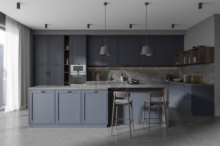 Photo for Classical dark blue home kitchen interior with bar island and cabinet. Cooking and dining area in luxury apartment with panoramic window on skyscrapers. 3D rendering - Royalty Free Image