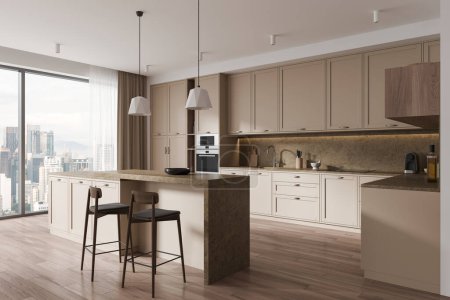 Foto de Esquina de cocina moderna con paredes blancas, suelo de madera, armarios y armarios beige y acogedora isla con taburetes. renderizado 3d - Imagen libre de derechos