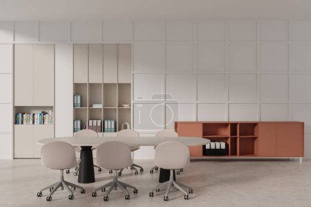 Foto de Moderno interior de la sala de reuniones con mesa y sillas, suelo de hormigón ligero. Elegante diseño de espacio de trabajo con muebles minimalistas, aparador y estante con decoración. Renderizado 3D - Imagen libre de derechos