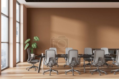 Photo for Modern business interior with conference table and armchairs, hardwood floor. Panoramic window on Singapore skyscrapers. Mock up empty copy space wall. 3D rendering - Royalty Free Image