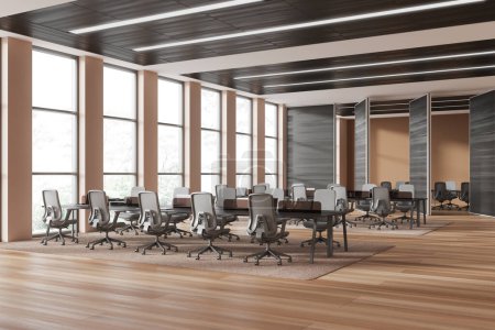 Foto de Espacio de coworking interior de madera para negocios con portátil en escritorio compartido, sillones con vista lateral en alfombra. Sala de reuniones detrás de puertas correderas, ventana panorámica en los trópicos. Renderizado 3D - Imagen libre de derechos