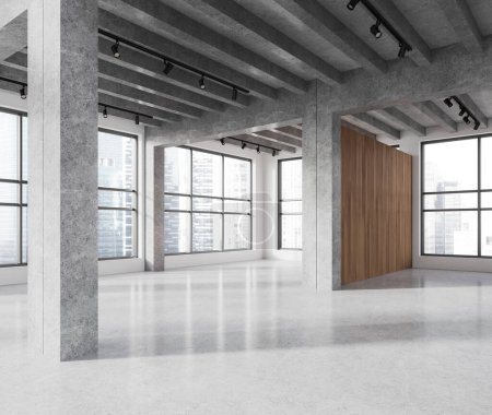 Photo for Stylish industrial empty office interior with light granite floor, side view business loft with columns and partition. Panoramic window on Singapore skyscrapers. 3D rendering - Royalty Free Image