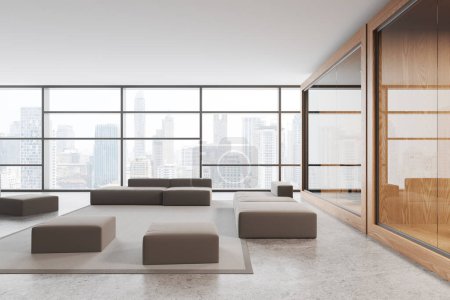 Photo for Cozy business interior with chill and glass meeting box, modular sofa pouf on carpet, light concrete floor. Panoramic window on Bangkok skyscrapers. 3D rendering - Royalty Free Image