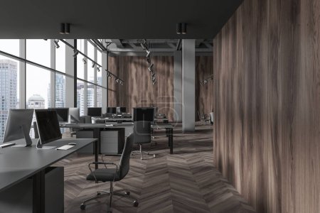 Photo for Modern office interior with pc computers and desk in row, hardwood floor. Stylish coworking space with panoramic window on Bangkok skyscrapers. 3D rendering - Royalty Free Image