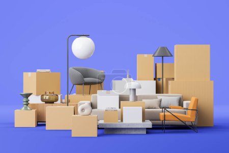 Photo for Home furniture with cardboard boxes, sofa, armchair and decoration on colored background. Concept of moving house and delivery. Shipping company. 3D rendering illustration - Royalty Free Image