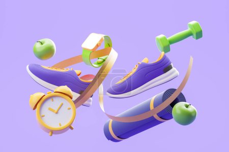 Foto de Vista de las zapatillas y el equipo deportivo sobre fondo púrpura. Concepto de estilo de vida activo, fitness y entrenamiento. renderizado 3d - Imagen libre de derechos