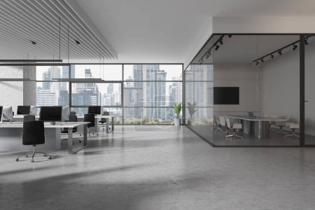 Photo for Modern office interior with coworking space, pc computers on desk in row. Glass meeting room with board and tv screen, panoramic window on Bangkok skyscrapers. 3D rendering - Royalty Free Image