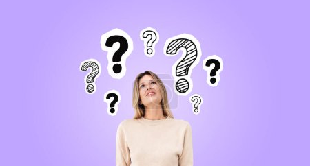 Photo for Portrait of smiling young woman looking at question marks drawn over purple background. Concept of planning and choice - Royalty Free Image