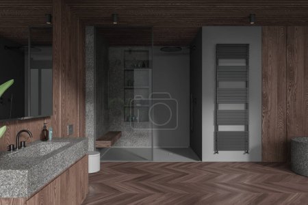 Photo for Dark home bathroom interior washbasin and toilet, glass shower with shelf and accessories. Luxury bathing space and bathtub on hardwood floor. 3D rendering - Royalty Free Image