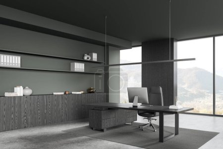 Photo for Dark ceo interior with pc computer on table, side view armchair on carpet. Minimalist consulting work corner with sideboard and panoramic window on countryside. 3D rendering - Royalty Free Image