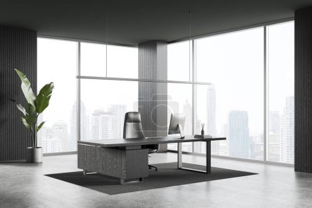 Photo for Corner view of dark ceo interior with pc computer on desk, side view armchair on carpet. Stylish consulting space with panoramic window on Bangkok skyscrapers. 3D rendering - Royalty Free Image