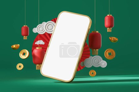 Photo for Mockup blank phone screen and hanging asian lanterns, lucky coins and paper fans on green background. Concept of holiday sale, mobile app and discounts. 3D rendering illustration - Royalty Free Image
