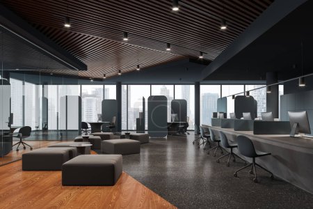 Photo for Modern dark office bank interior with glass room and waiting space, workplace with pc desktop and chairs in row, panoramic window on Bangkok skyscrapers. 3D rendering - Royalty Free Image