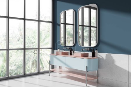 Photo for Modern blue and pink hotel bathroom interior with double sink, side view bathing accessories and cosmetics on vanity. Panoramic window on tropics. 3D rendering - Royalty Free Image