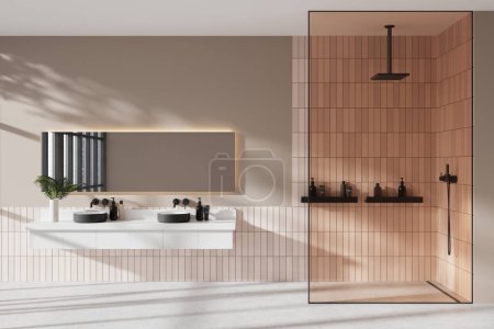 Téléchargez les photos : Salle de bain hôtel beige double lavabo intérieur et douche en verre, vanité murale et étagère avec accessoires. Espace de bain dans un appartement de luxe avec fenêtre panoramique. rendu 3D - en image libre de droit
