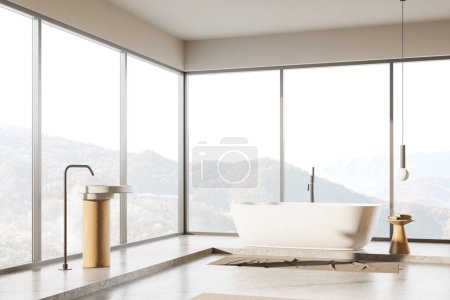 Téléchargez les photos : Confortable intérieur de la salle de bain de l'hôtel avec baignoire et lavabo avec robinet mélangeur monté, tapis sur sol en béton léger. Coin baignade dans un appartement moderne. Fenêtre panoramique sur campagne. rendu 3D - en image libre de droit