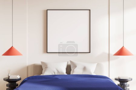 Foto de Stylish hotel bedroom interior bed and nightstand with decoration, blue blanket and red lamps. Minimalist cozy sleep room with mock up square canvas poster. 3D rendering - Imagen libre de derechos