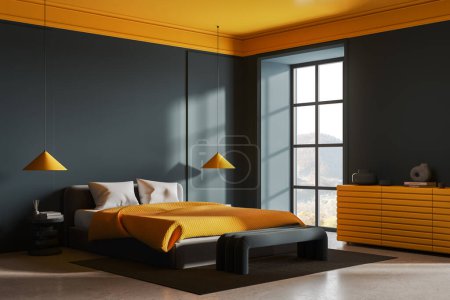Téléchargez les photos : Corner view of yellow and green hotel bedroom interior with bed and bench on carpet, sideboard with decoration. Relax space with panoramic window on countryside. Mockup empty wall. 3D rendering - en image libre de droit