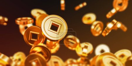 Photo for Golden rain of chinese traditional gold coins with square hole so called qian. Good luck coins flying and falling. Luxury design element. Dark background. 3d render illustration - Royalty Free Image