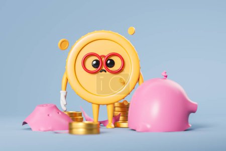 Photo for Sad cartoon coin with broken piggy bank and stacks on light background. Concept of financial problem, recession, crisis, expenses or loss. 3D rendering illustration - Royalty Free Image