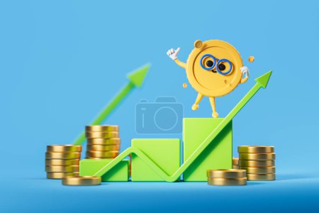 Téléchargez les photos : Cartoon character coin with thumb up, rising green arrows with bar chart, stacks on blue background. Concept of income, financial strategy and growth. 3D rendering illustration - en image libre de droit