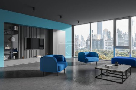 Téléchargez les photos : Blue and grey home living room interior with armchairs and sofa, tv console and shelf with decoration. Panoramic window on Bangkok skyscrapers. 3D rendering - en image libre de droit
