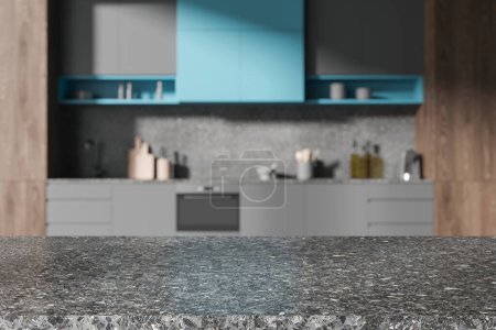 Téléchargez les photos : Dark stone countertop on blurred background of modern home kitchen interior, sink and kitchenware on shelf. Mock up copy space for product display. 3D rendering - en image libre de droit