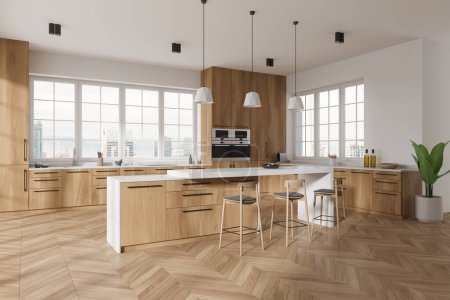 Photo for Corner view of home kitchen interior with bar island and stool, hardwood floor. Elegant cooking space with shelves and kitchenware. Panoramic window on Kuala Lumpur skyscrapers. 3D rendering - Royalty Free Image