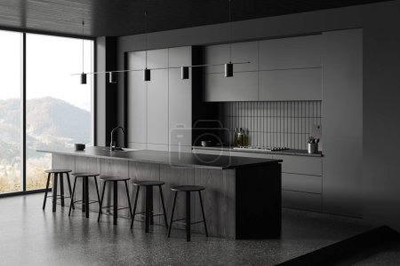 Foto de Corner view of kitchen interior with bar island and stool, cabinet shelves with kitchenware. Eating and cooking space, panoramic window on countryside. 3D rendering - Imagen libre de derechos
