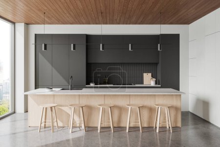 Photo for Modern home kitchen interior with bar island and stool, cabinet with kitchenware. Eating and cooking space, panoramic window on Bangkok skyscrapers. 3D rendering - Royalty Free Image