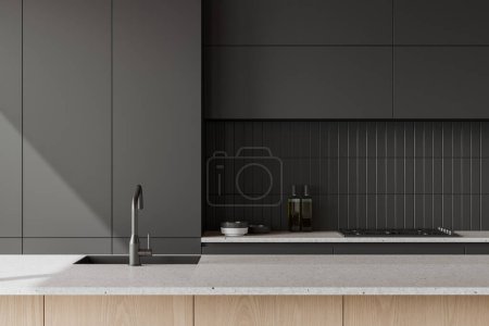 Téléchargez les photos : Modern home kitchen interior with sink and stove, dishes and plates on counter. Closeup of bar island with sink, minimalist cooking space in modern apartment. 3D rendering - en image libre de droit