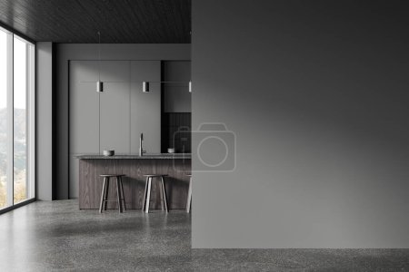 Téléchargez les photos : Dark hotel kitchen interior with bar island and stool, cabinet with kitchenware. Eating and cooking space, panoramic window on countryside. Mockup copy space wall partition. 3D rendering - en image libre de droit