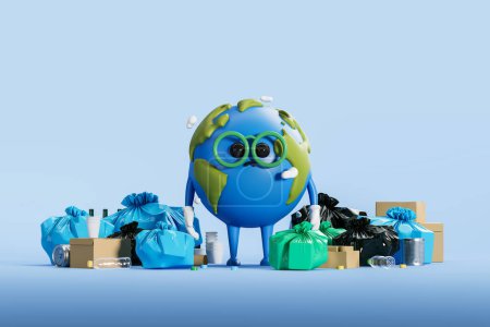 Téléchargez les photos : Sad cartoon planet character with row of plastic bags, cans and carton boxes. Concept of ecology, earth protection and ecological catastrophe. 3D rendering illustration - en image libre de droit