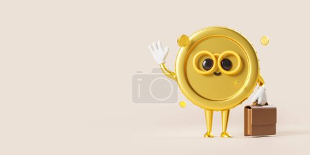 Photo for Cartoon coin waving hand, holding a brown briefcase on empty copy space beige background. Concept of business deal, work, job and occupation. 3D rendering illustration - Royalty Free Image