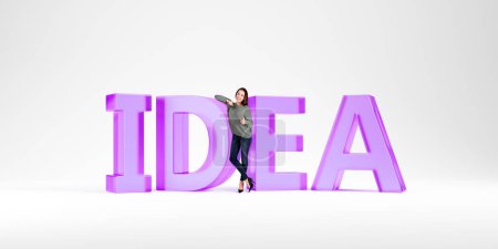 Foto de Happy successful woman full length with thumb up near large glass word idea, light background wide format. Concept of brainstorm, start up, offer and motivation - Imagen libre de derechos
