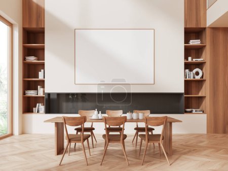 Photo for Beige and wooden home living room interior with chairs and eating area. Dining zone with panoramic window on tropics, hardwood floor. Large mock up canvas poster. 3D rendering - Royalty Free Image