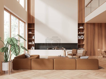 Téléchargez les photos : Stylish home relax room interior with sofa and armchairs, fireplace and eating table in two-storey apartment. Panoramic window on tropics. Mockup copy space empty wall. 3D rendering - en image libre de droit