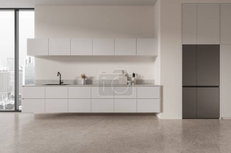 Téléchargez les photos : White modern home kitchen interior cooking cabinet, fridge and minimalist kitchenware with sink and stove. Panoramic window on Singapore skyscrapers. 3D rendering - en image libre de droit