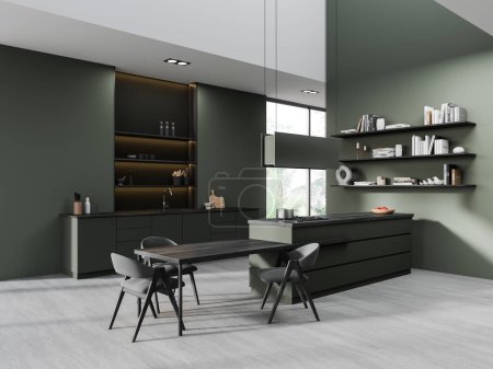 Téléchargez les photos : Dark home kitchen interior with dining table and bar counter, side view shelf with decoration. Stylish cooking corner with panoramic window on tropics. 3D rendering - en image libre de droit